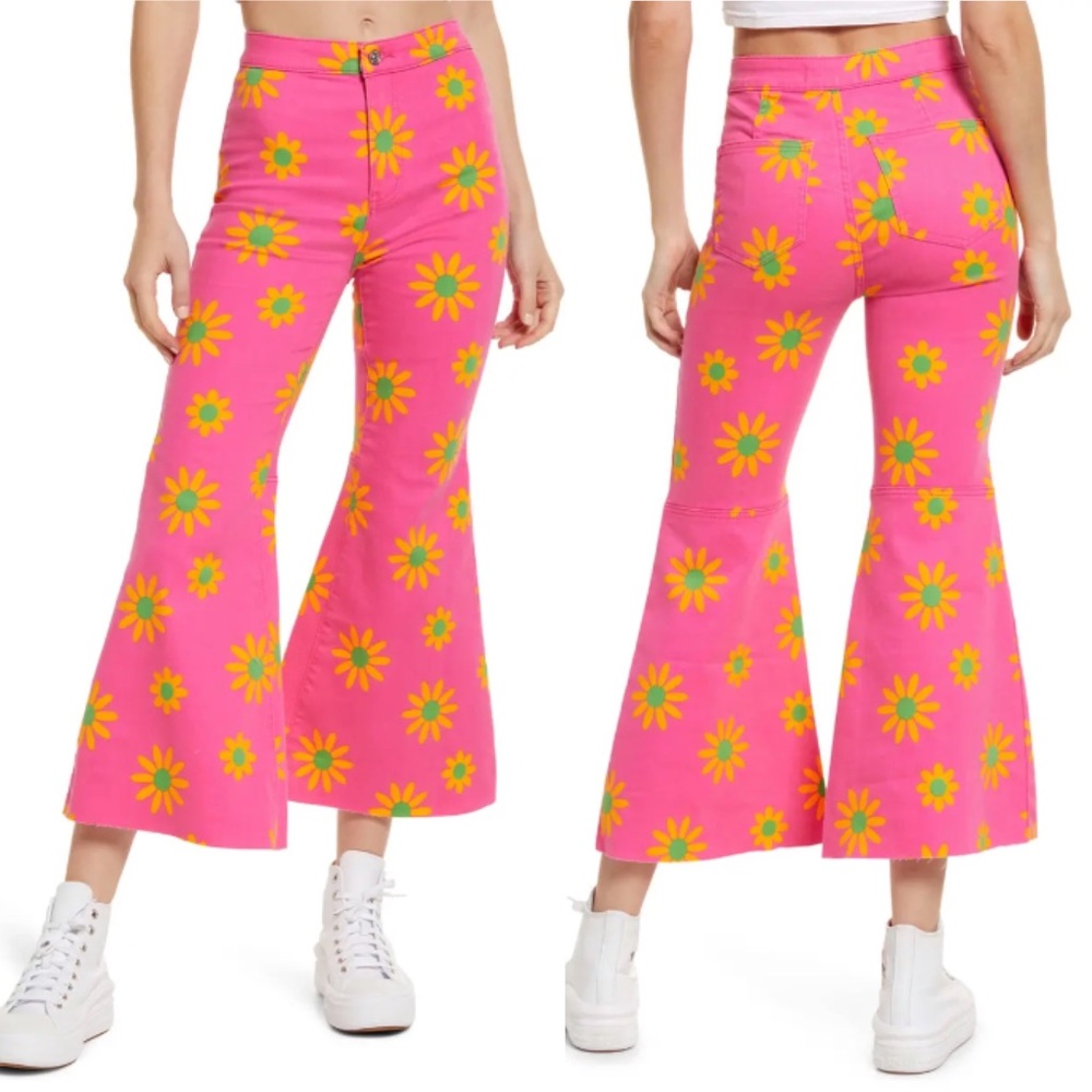 Free People Youthquake Sunflower Printed Crop Flare Pant Lipstick Pink 28 NWT - Picture 11 of 11